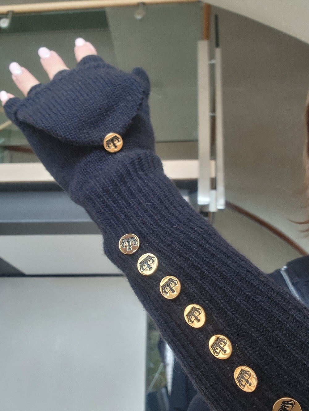 Juicy Couture Black Ribbed Convertable Gloves with Gold Logo Buttons